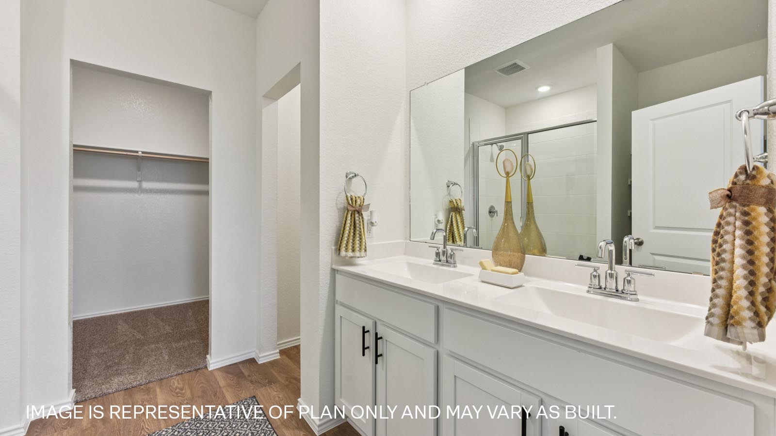 Cultured marble vanity with double vanity sink.