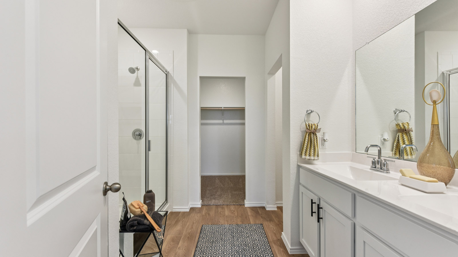 Main bathroom with walk-in shower with raised shower head.