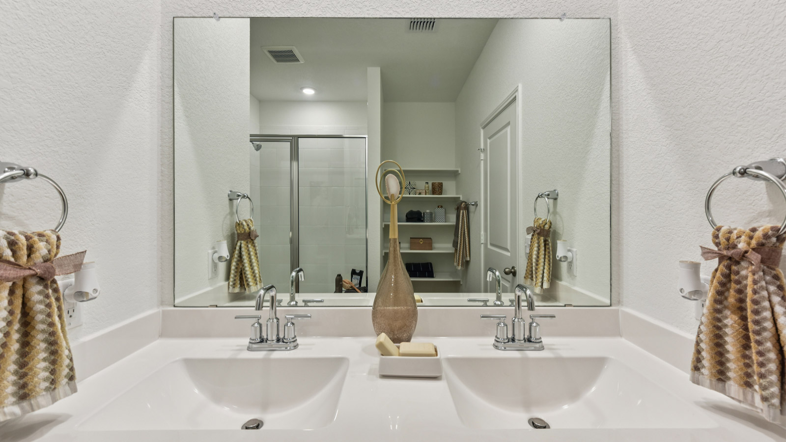Main bathroom with double vanity sink.
