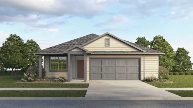 Exterior beige home with grey garage