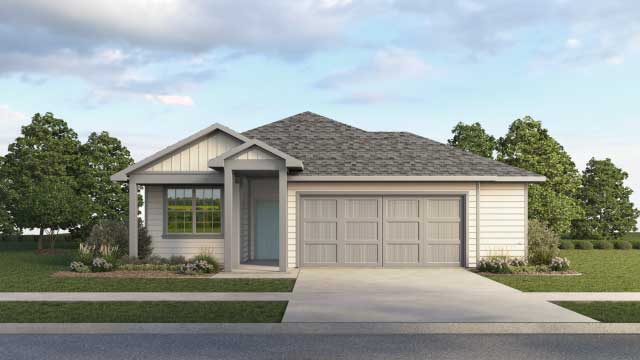 Exterior beige home with light grey garage