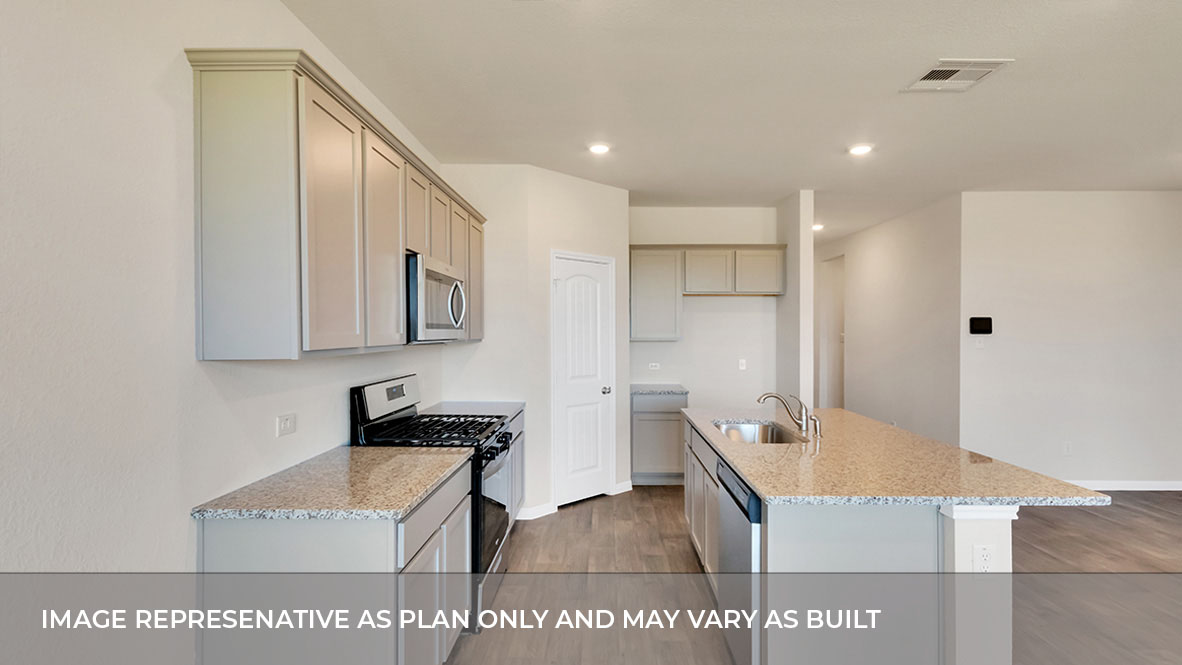 Interior kitchen with center island and light grey cabinets