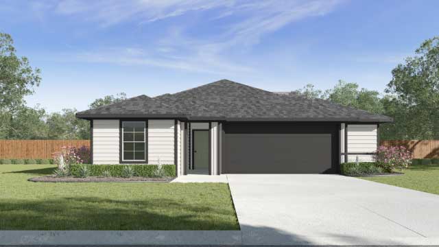 Exterior white home with dark grey garage
