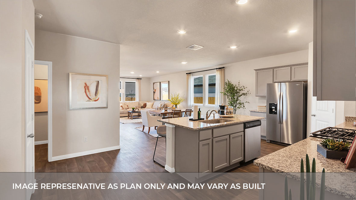 Interior kitchen with center island and light grey cabinets