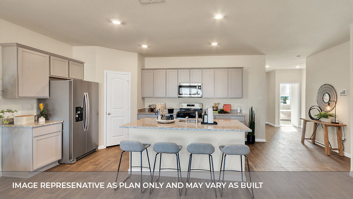 Interior kitchen with center island and light grey cabinets