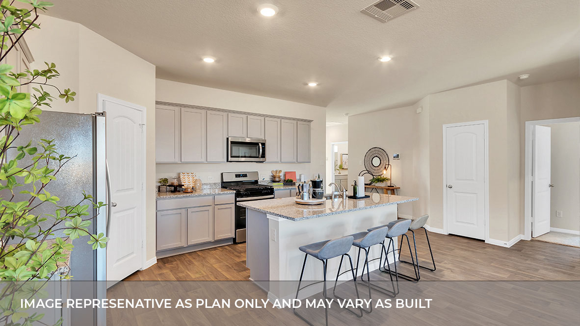 Interior kitchen with center island and light grey cabinets
