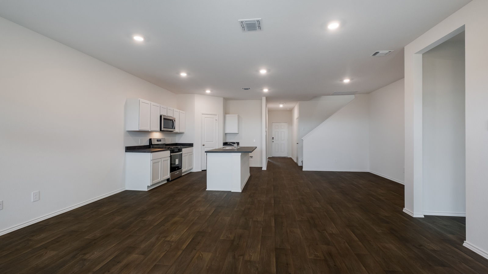 Interior living area with kitchen and center island