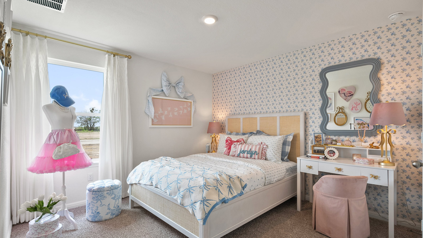 Interior bedroom with accent wall and window