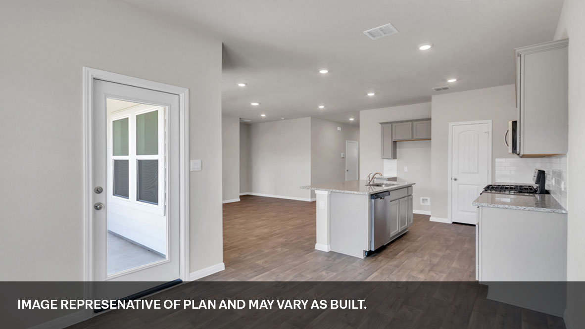Interior kitchen with center island and light grey cabinets