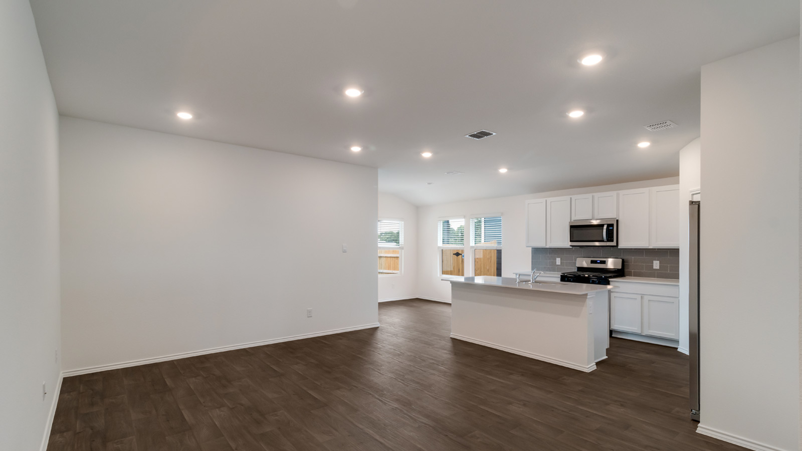 Open living area and kitchen.