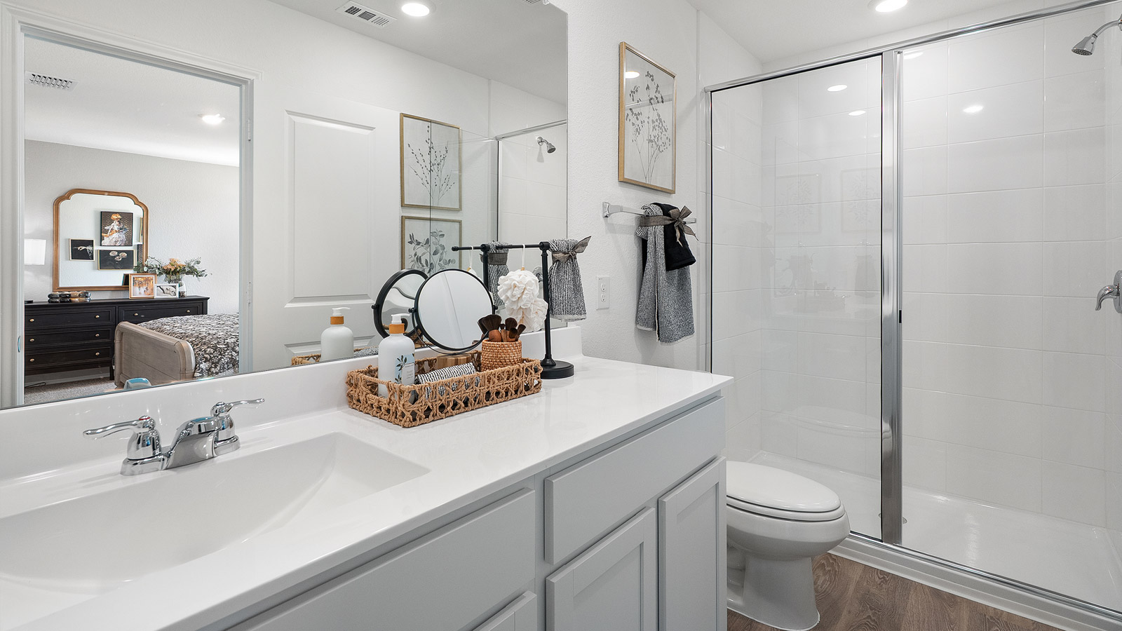 Interior bathroom with walk in shower and large vanity