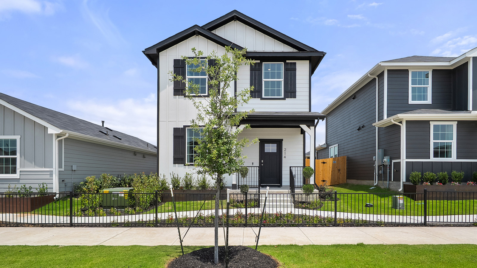 Exterior of two story home with white wood cladding