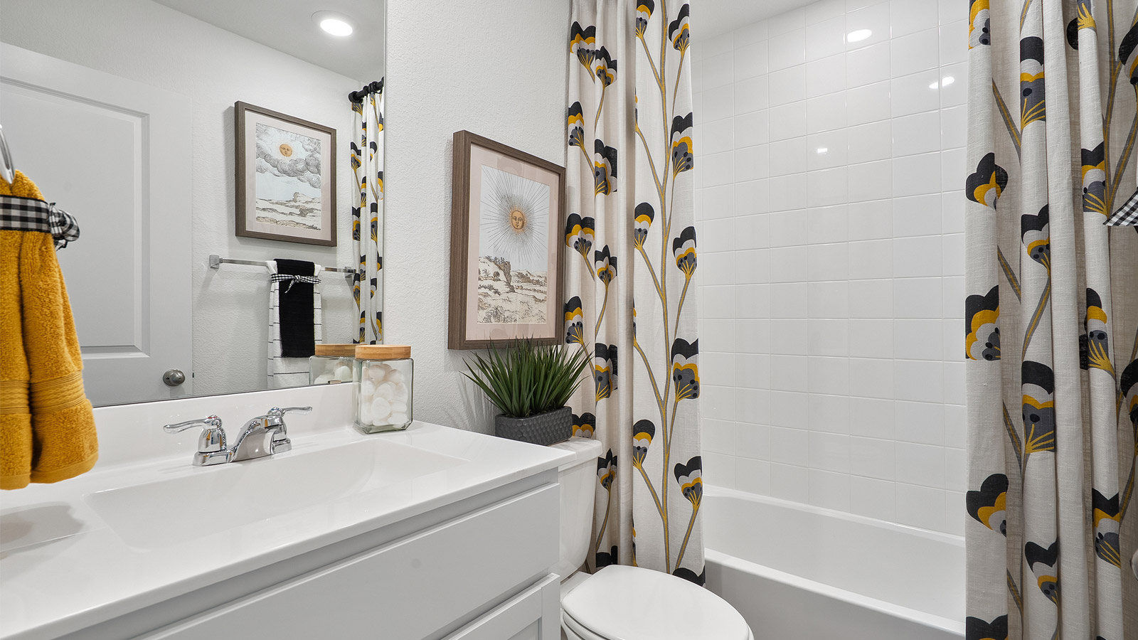 Interior bathroom with full sized shower vanity