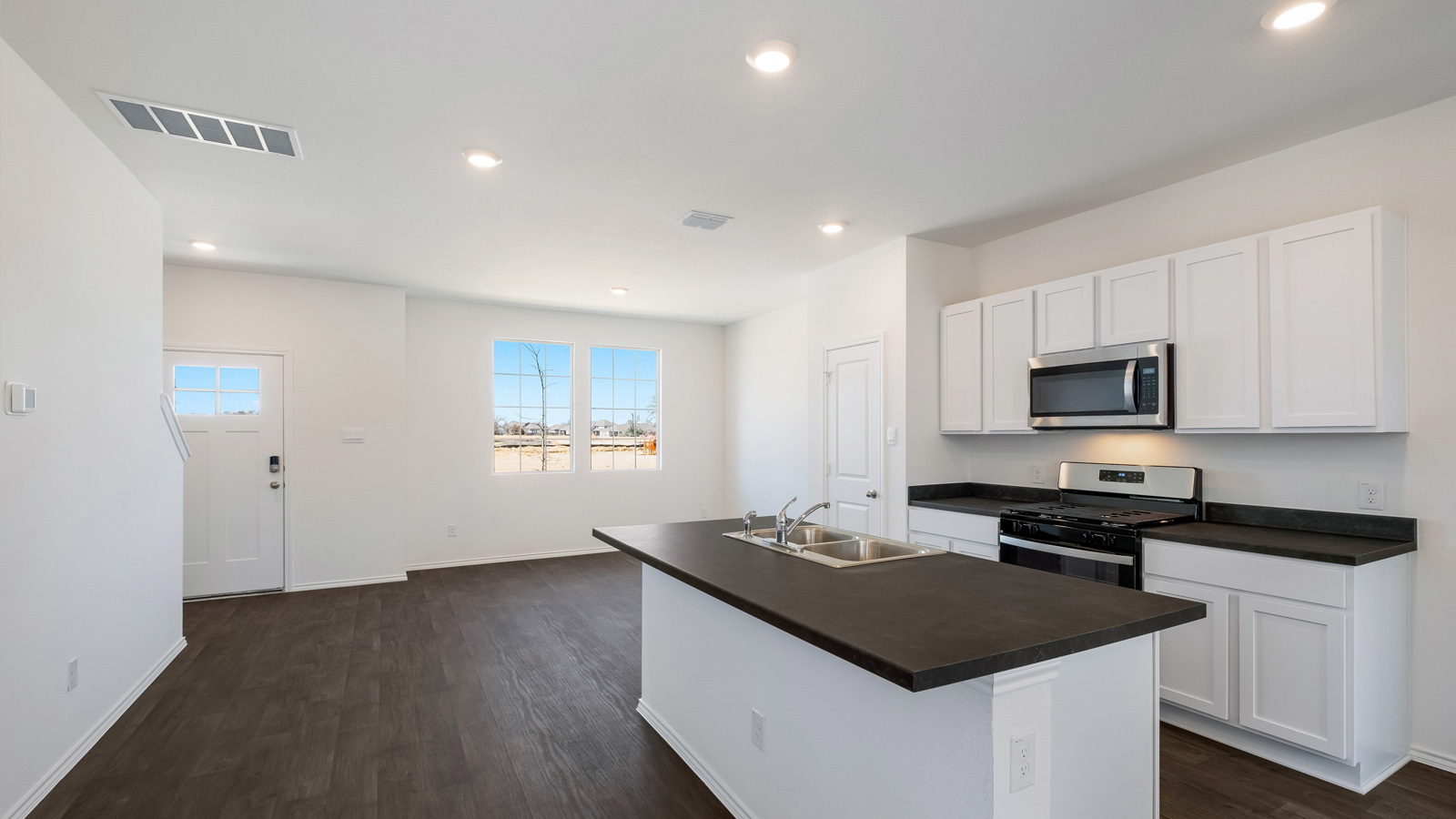 Kitchen and living room.