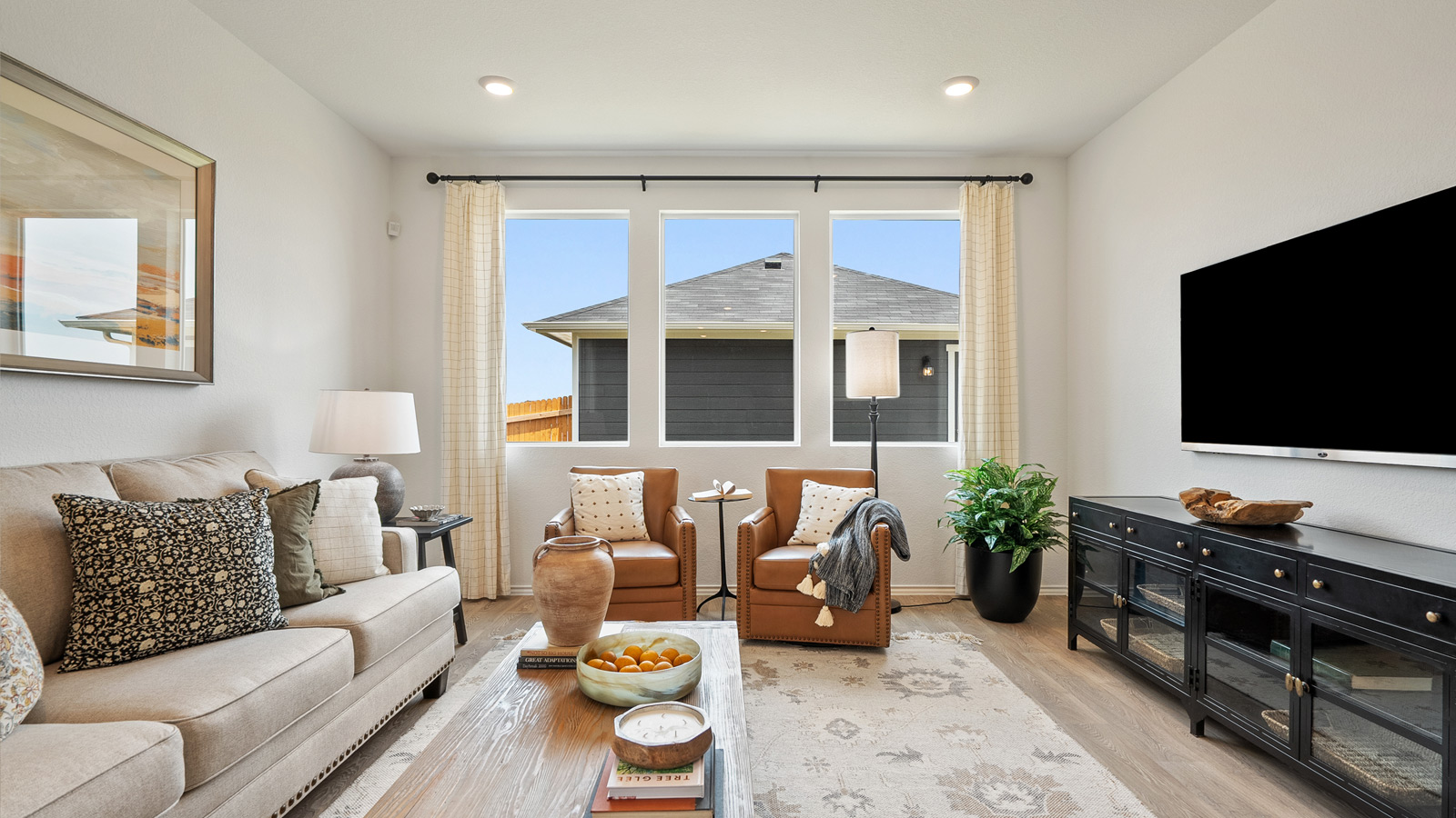 Interior living room with multiple large windows