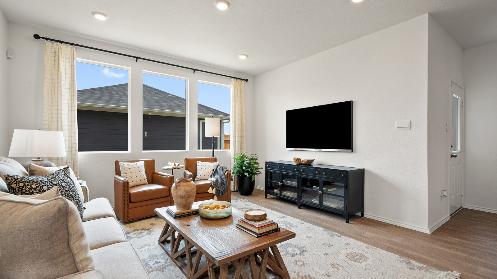 Interior living room with multiple large windows