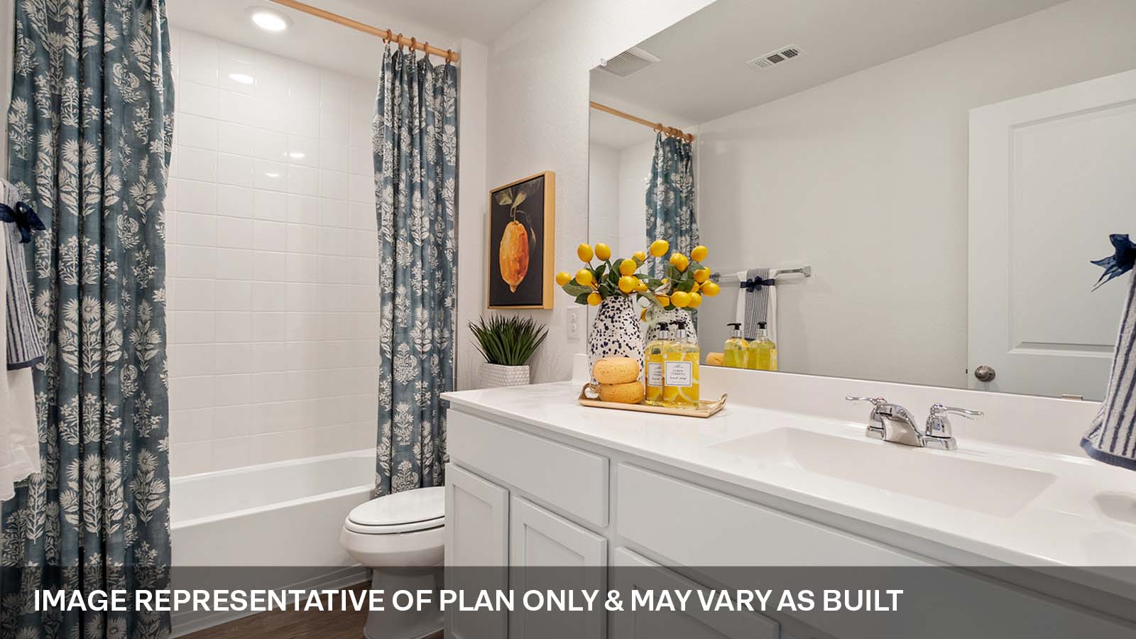 Secondary bathroom with tub and raised shower head.