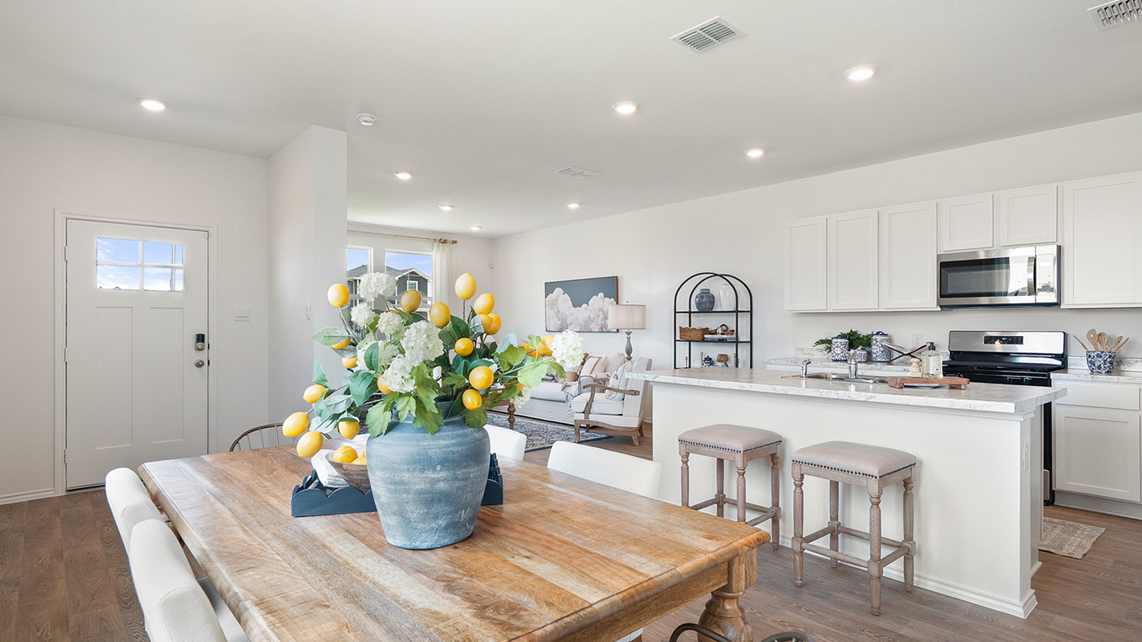 Interior dining area looking over into the kitchen