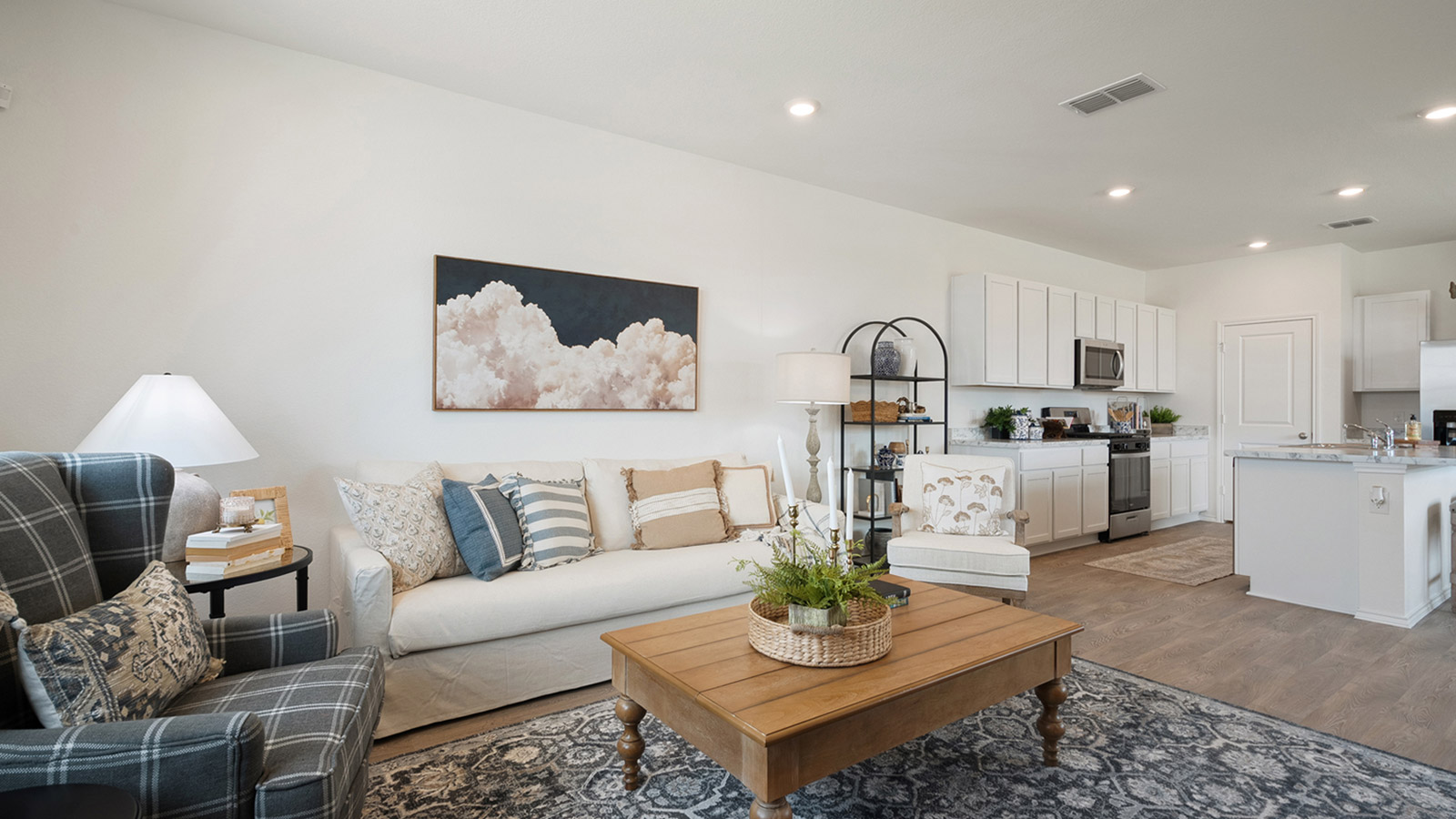 Interior living room open to kitchen