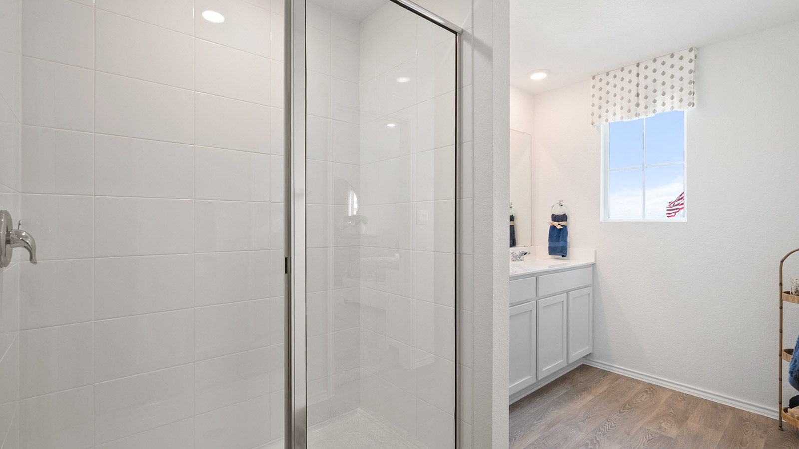 Interior walk in closet with built in shelving