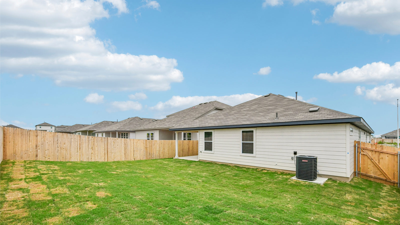 Backyard of 20405 Tuberville Lane at Carillon in Manor, TX.