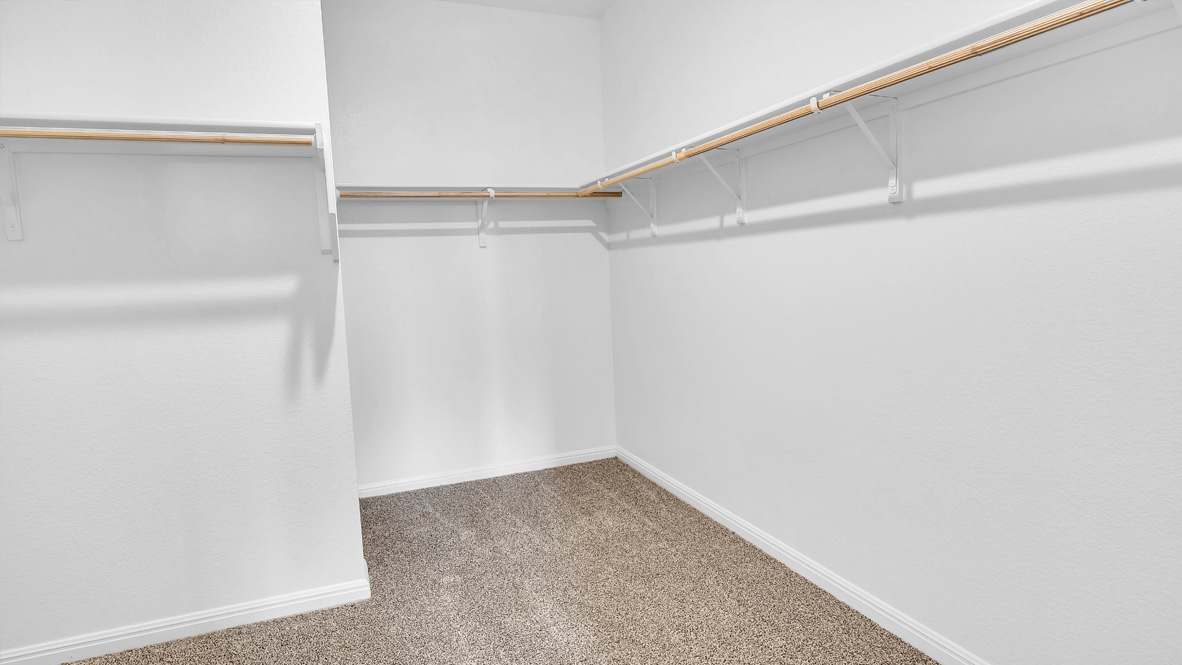 Empty white walk-in closet with beige carpet and three wooden hanging rods on the walls. The space feels clean, spacious, and inviting.