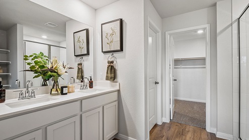 Bathroom with dual sinks and a walk in closet.