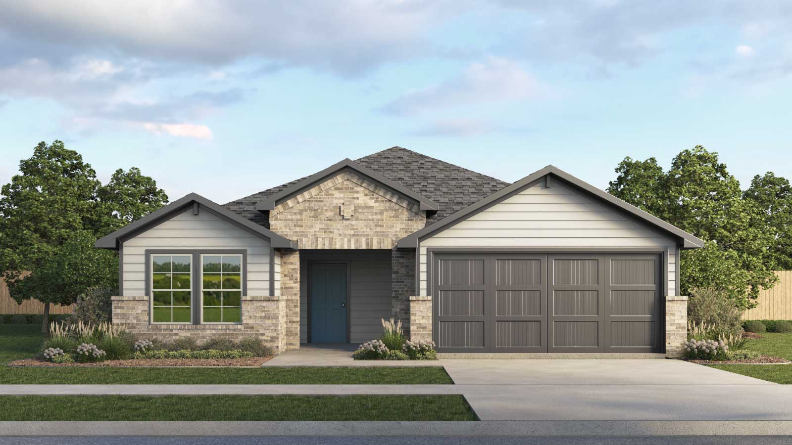 One story, single family home with attached garage and stone details.