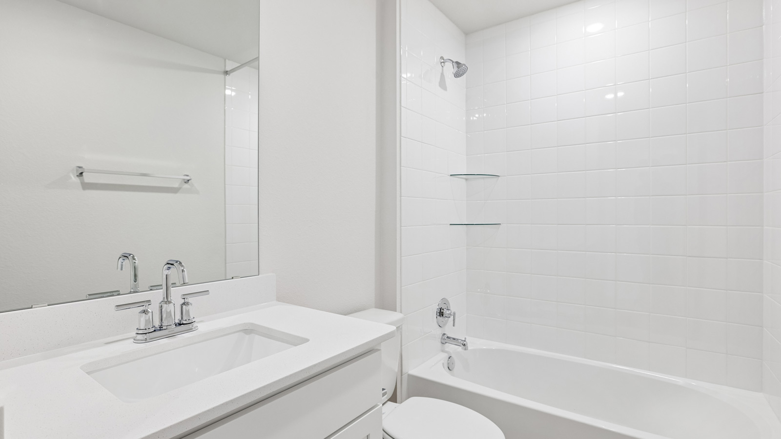 Bathroom 2 with bathtub and raised shower head.