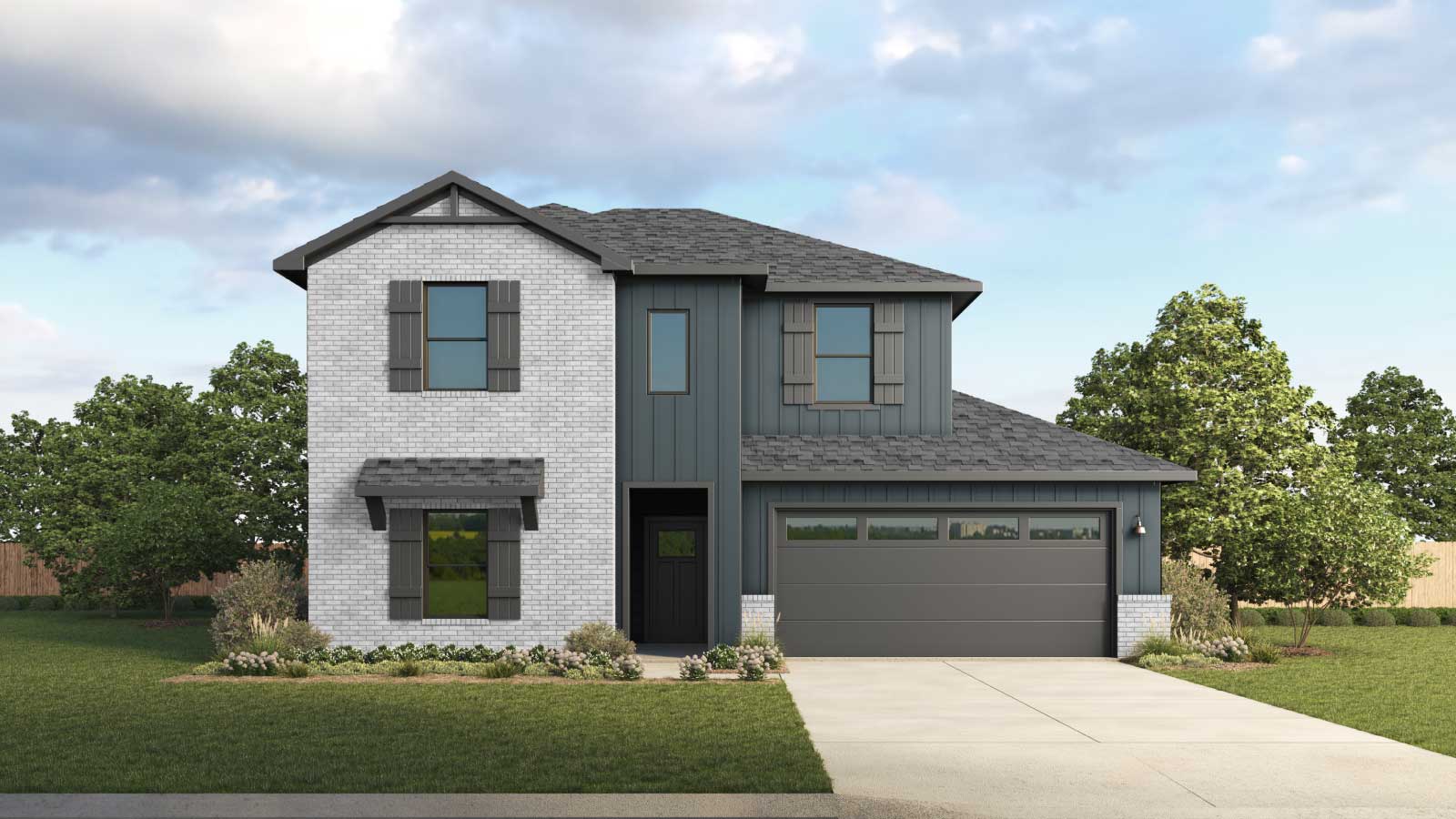 Front view of a newly constructed single-family home with attached garage.