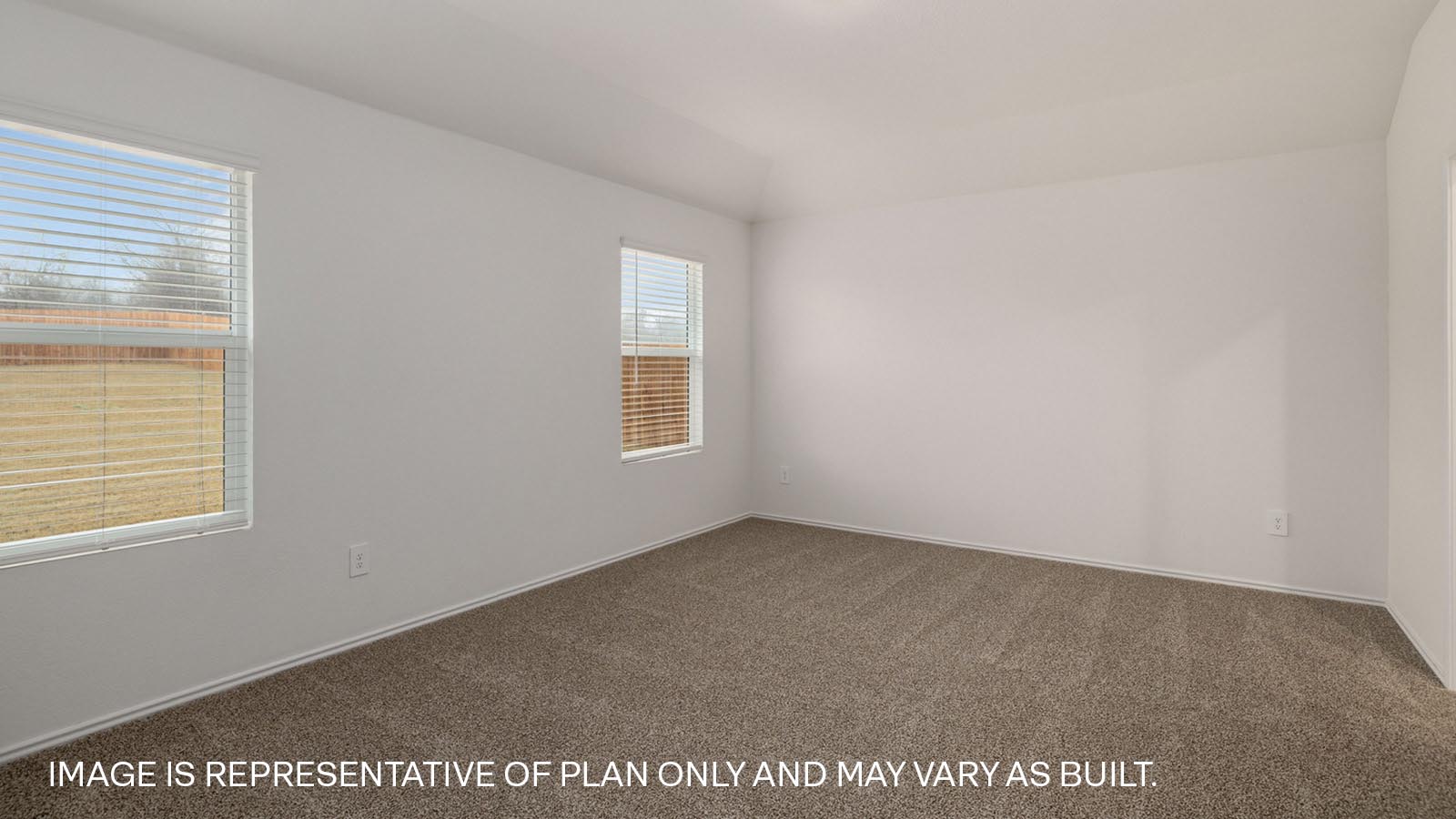 Primary bedroom with carpeted flooring and two windows.
