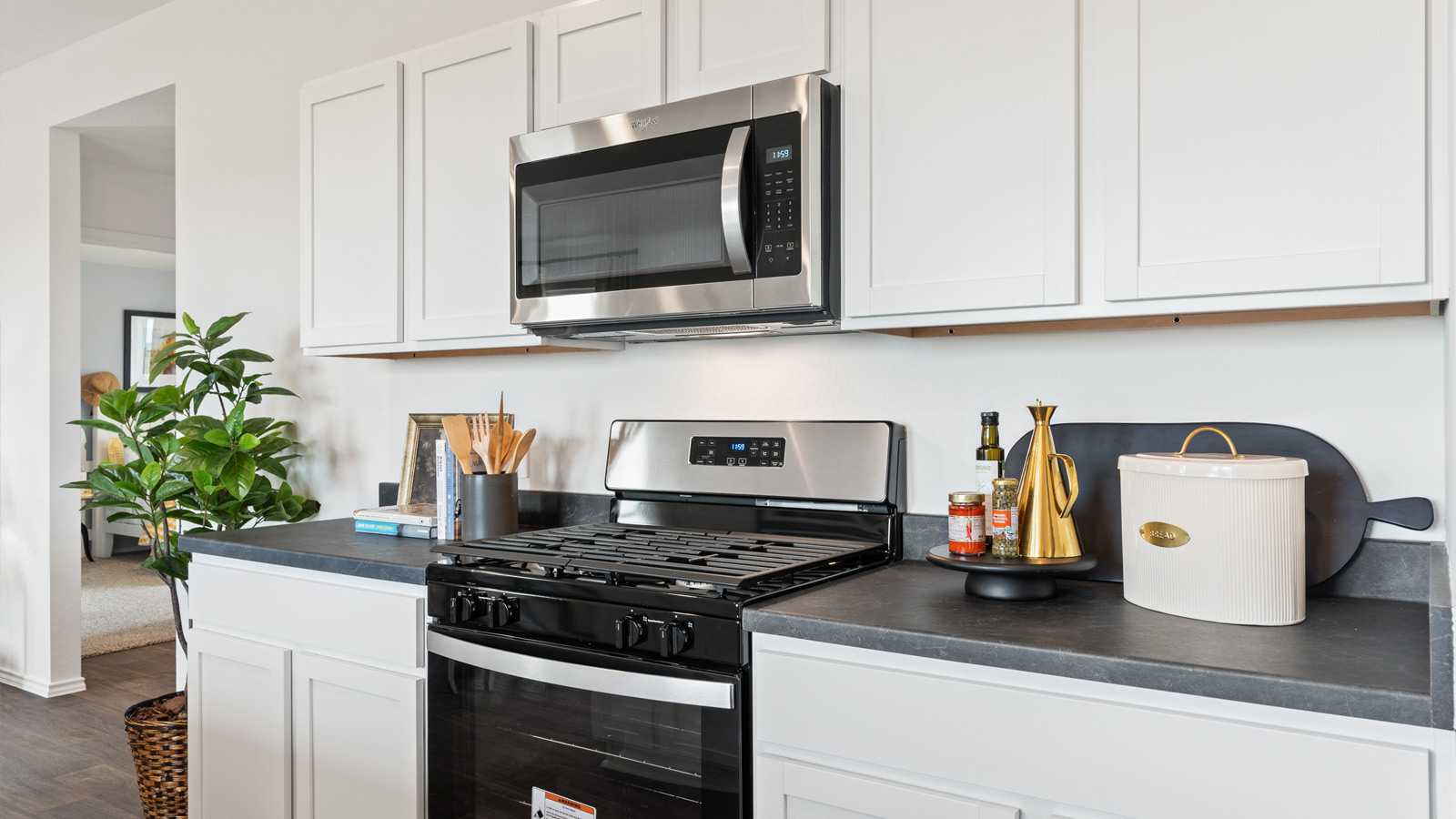 Gourmet kitchen with stainless steel appliances.