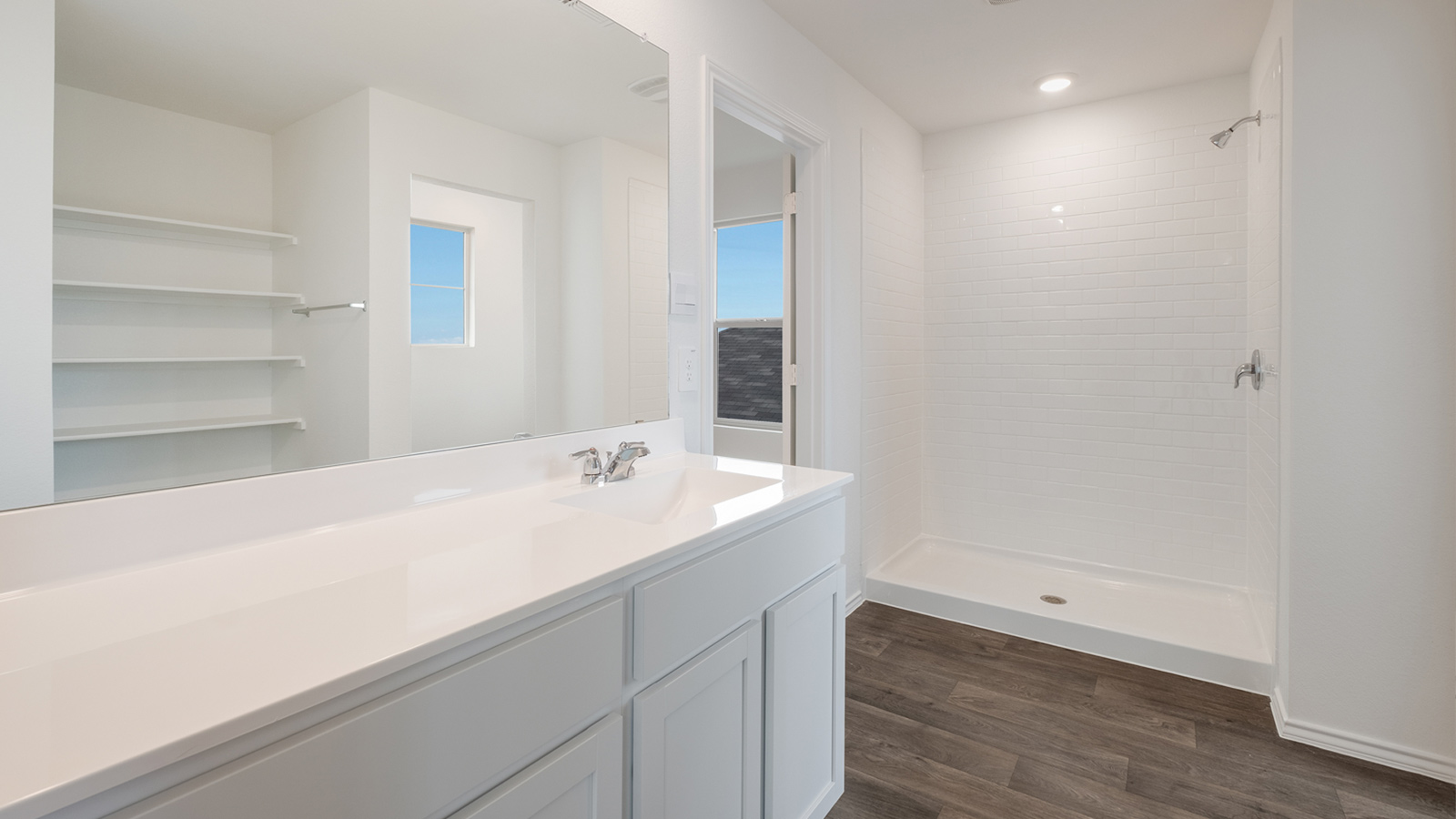 Luxurious primary bathroom with walk-in shower and large closet.