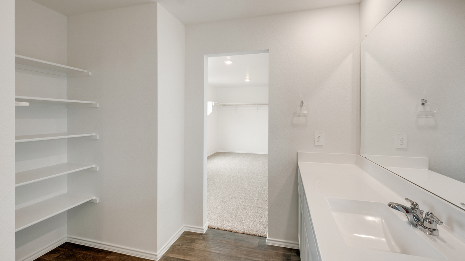 Luxurious primary bathroom with walk-in shower and large closet.