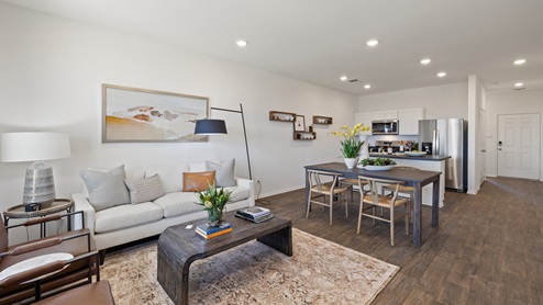 Interior view of the living room, dining room, and kitchen