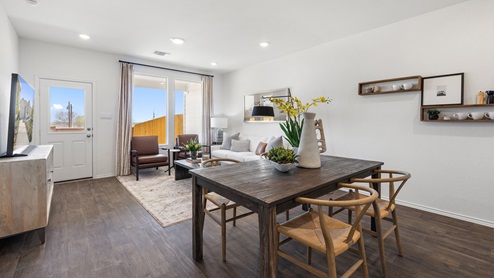 Interior view of the living room, dining room, and kitchen