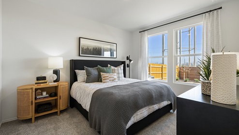 Bedroom decorated in modern decor featuring a bed with a black headboard and 2 large windows on the right of the bed