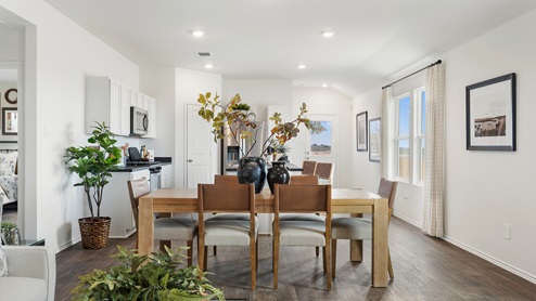 Dining room with a beautiful light wooden table, surrounded by 6 brown chairs, and large plants as a centerpiece