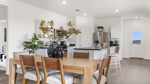 Dining room with a beautiful light wooden table, surrounded by 6 brown chairs, and large plants as a centerpiece