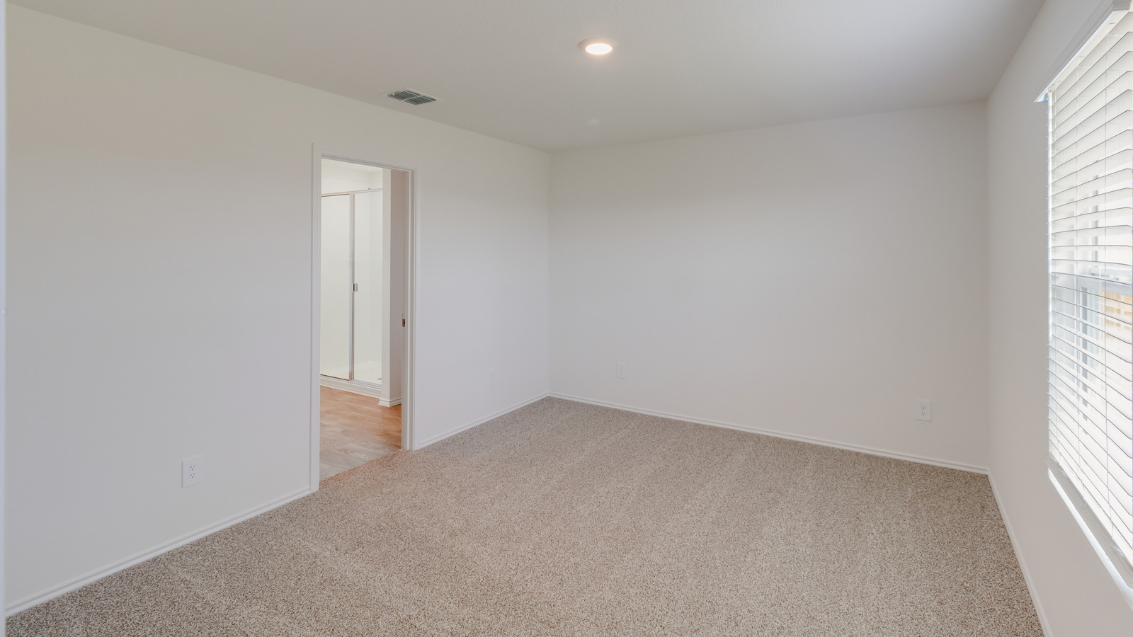 Main bedroom in this New Build Home in Wayside shows soft carpeting, en-suite bathroom and walk-in closet access