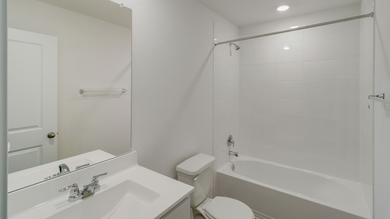 Wayside full bathroom with fresh design, polished fixtures, tub/shower combo and single sink vanity