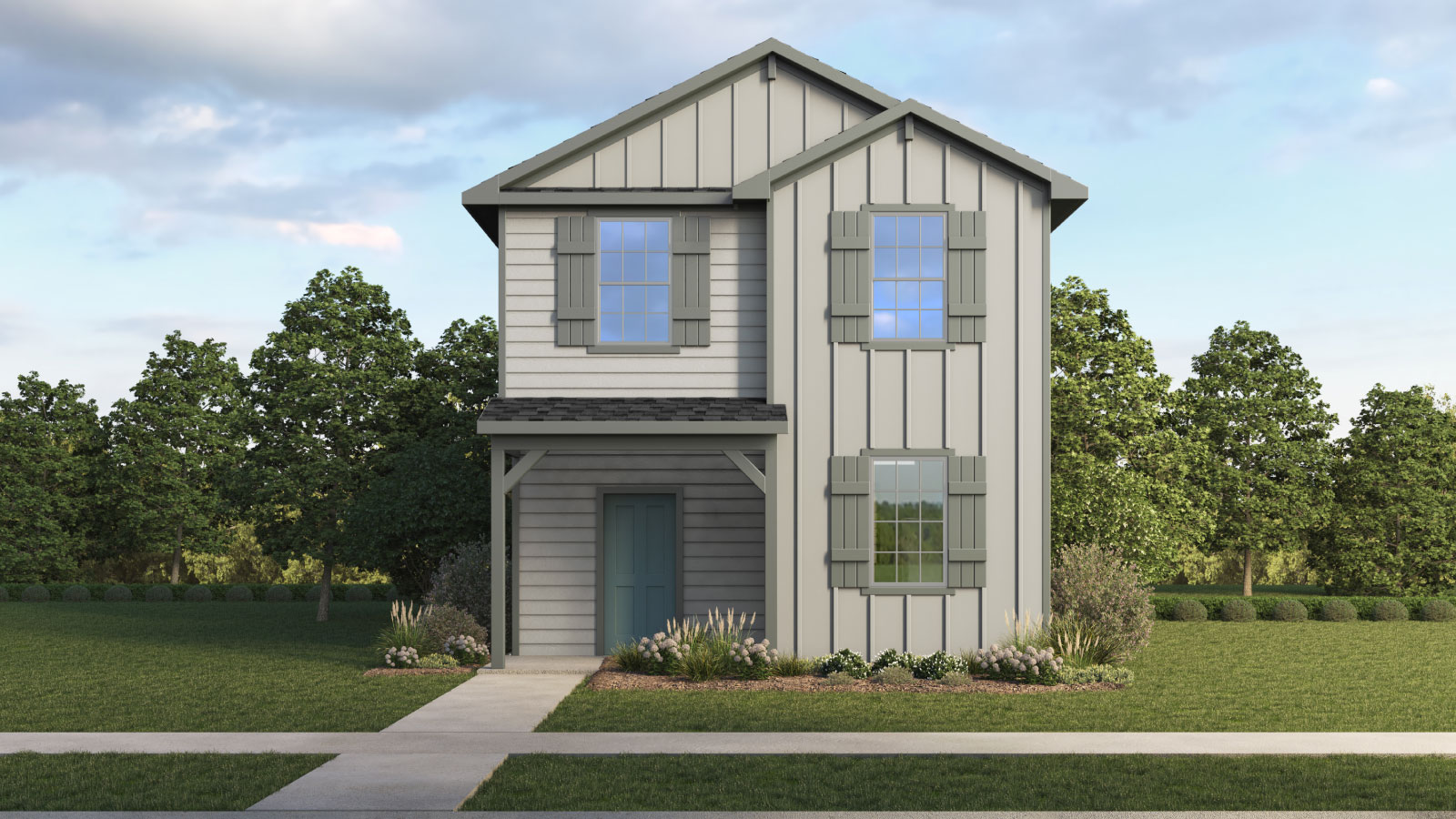Exterior of two story home with grey wood cladding