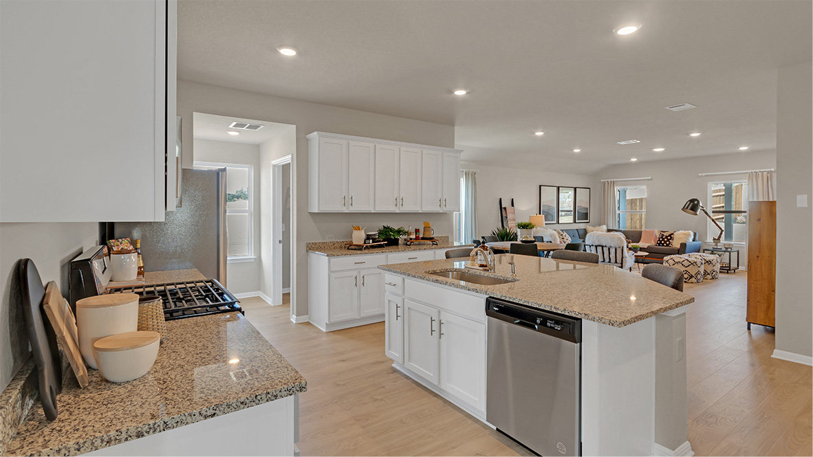 Kitchen with granite countertops.