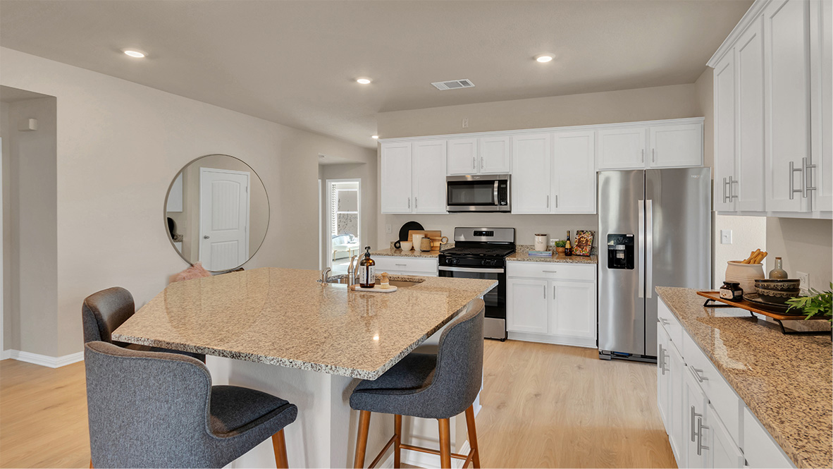 Stainless steel appliances in kitchen.