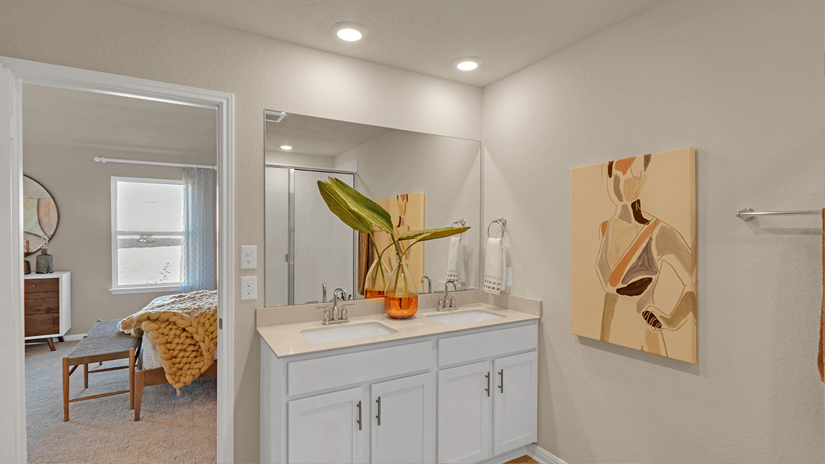 Bathroom with double vanity sink.