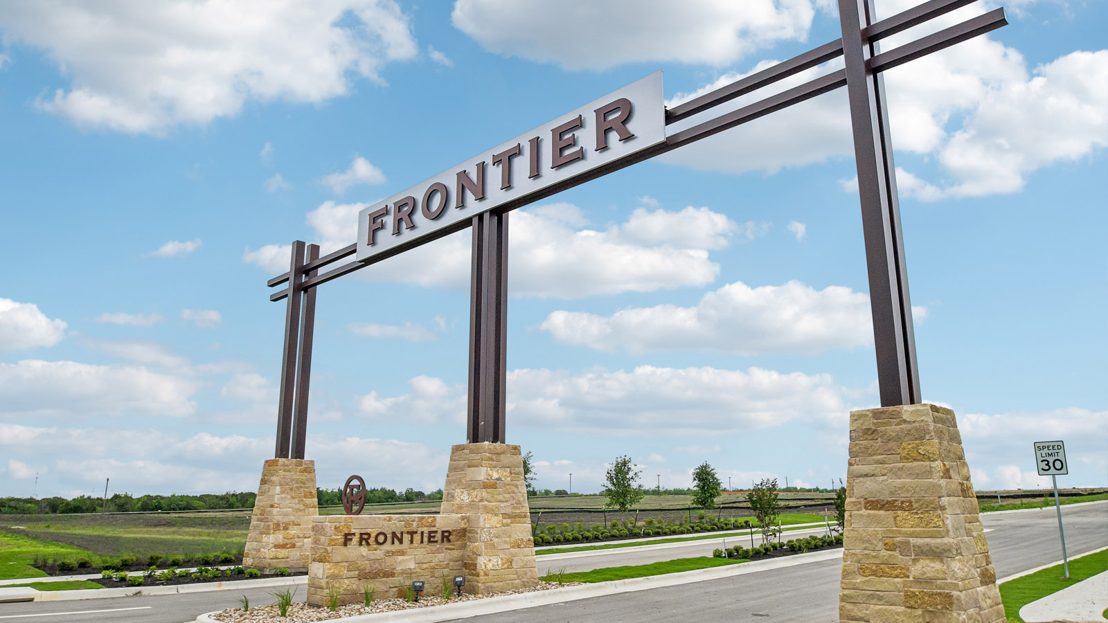 Entry monument at Frontier in Mustang Ridge, TX.