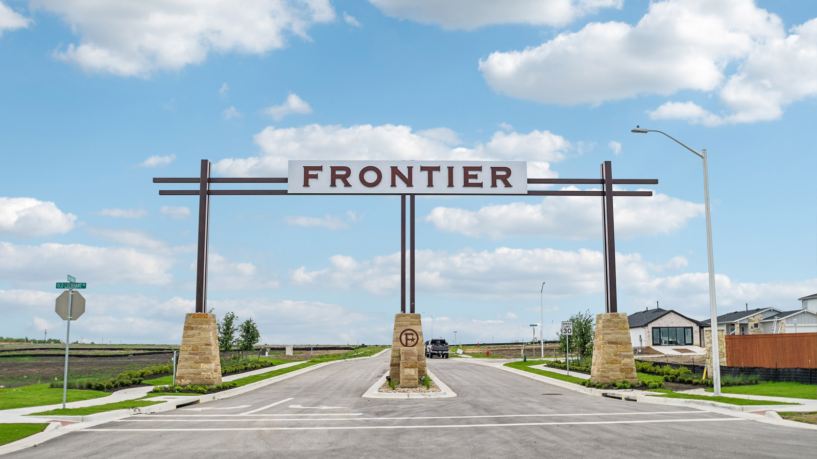 Entry monument at Frontier in Mustang Ridge, TX.