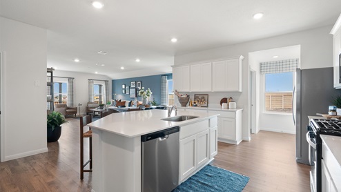 View of oversized kitchen island with dishwasher and single-bowl undermount sink.