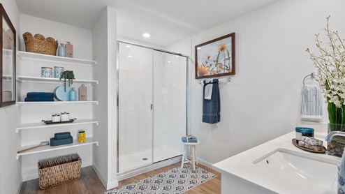 Bathroom 1 with walk-in shower and double vanity sinks.