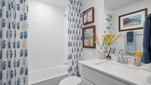 Secondary bathroom with single vanity sink and bathtub and shower.